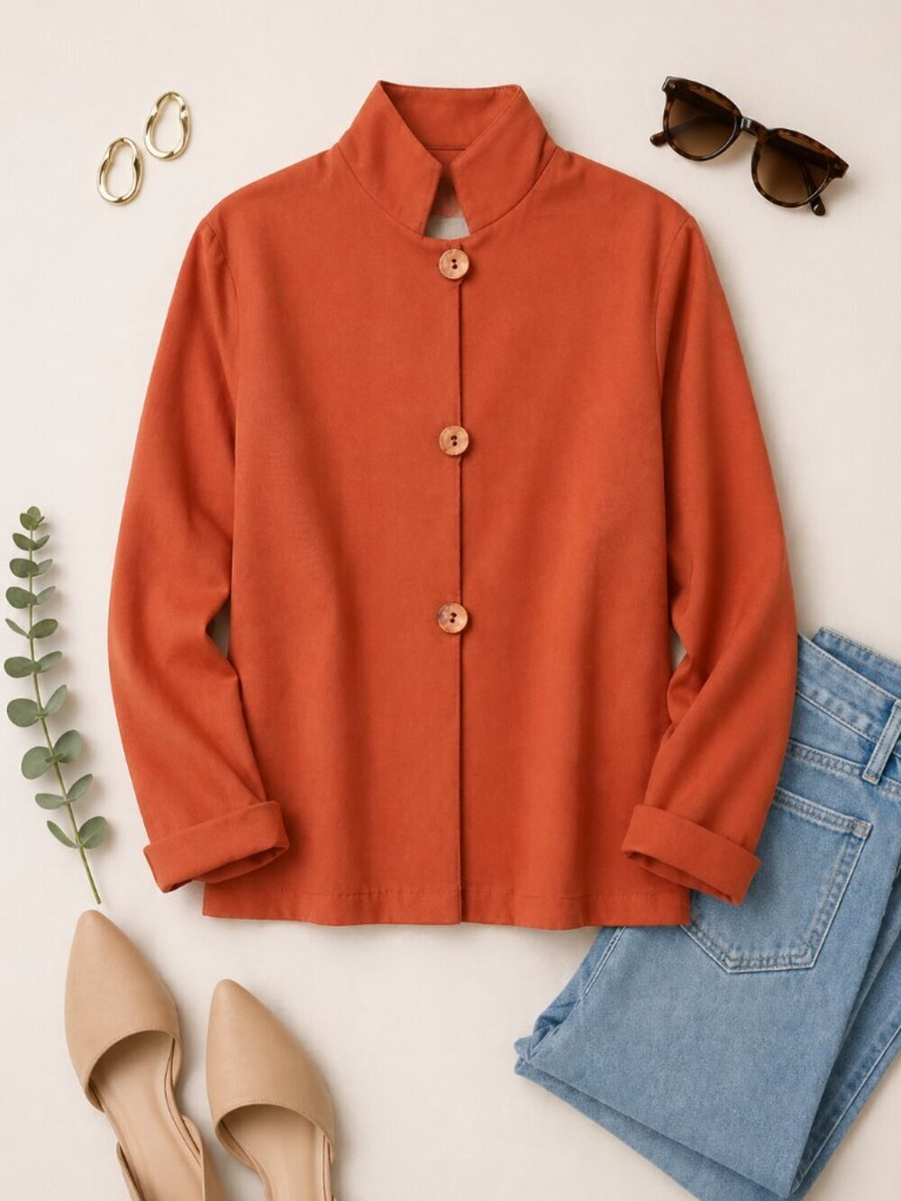 STAPLES Burnt Orange Blouse Mandarin Collar Button Front Size 6